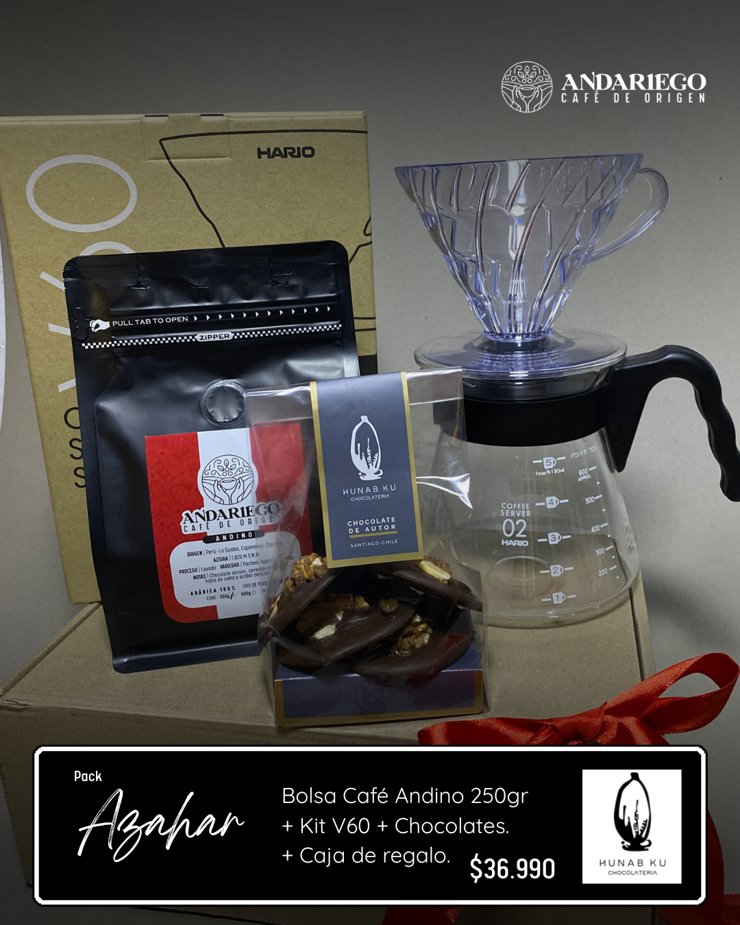 Pack Azahar | ANDINO 250gr + Kit V60+ Chocolates HUNAB KU.
