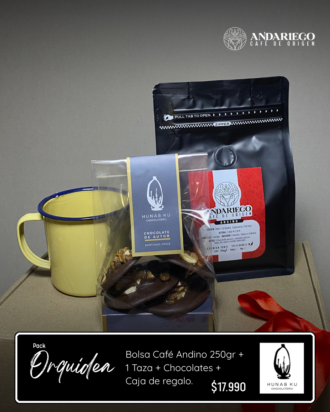 Pack Orquidea | ANDINO 250gr + 1 Taza + Chocolates HUNAB KU.