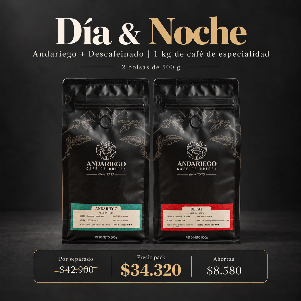 Pack Día & Noche | Andariego + Descafeinado – 1 kg (2 × 500 g)