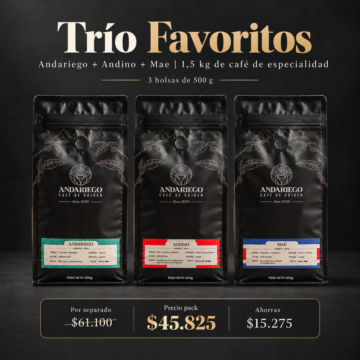 Pack Trío Favoritos | Andariego + Andino + Mae – 1,5 kg (3 × 500 g)
