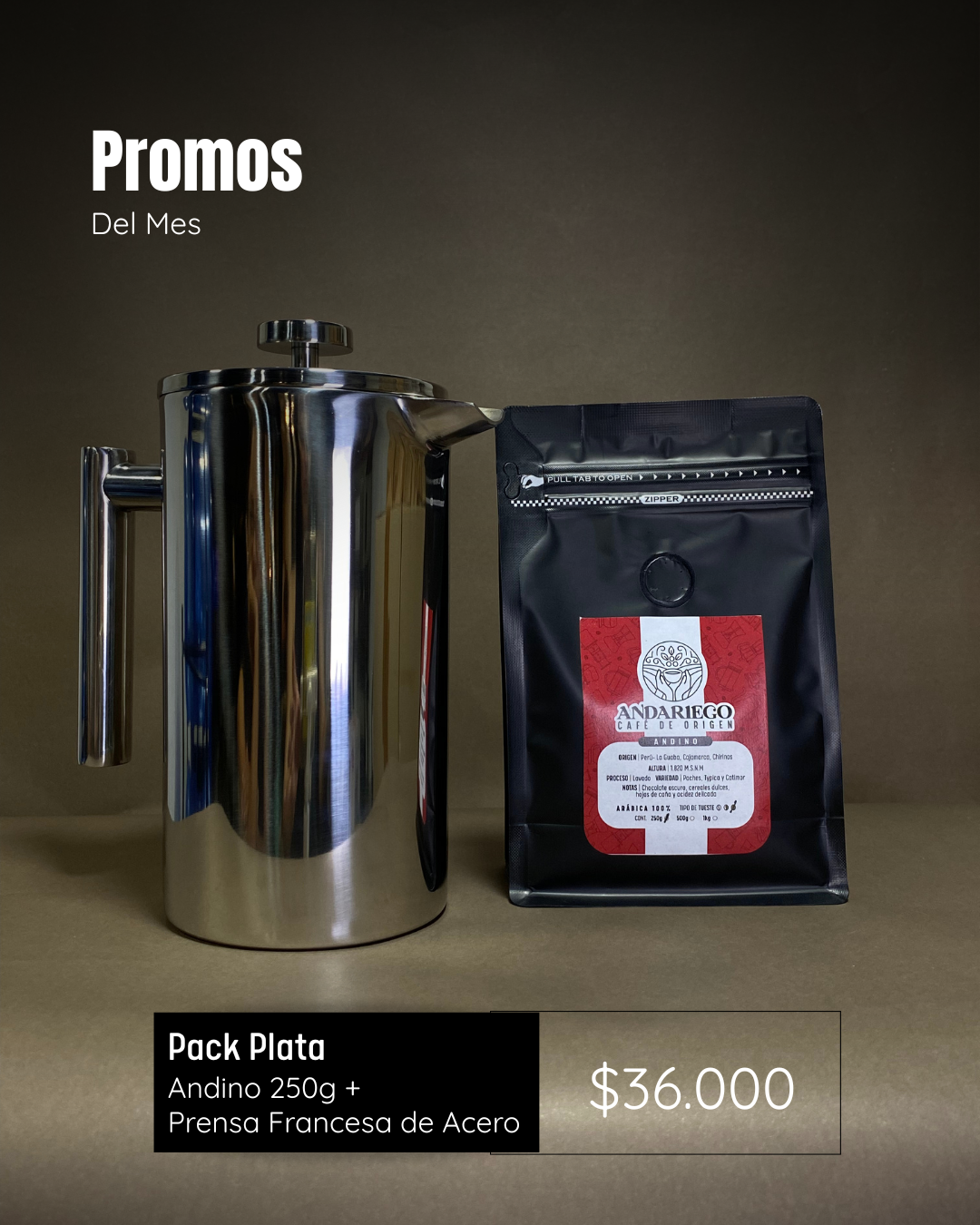 Pack Plata| Andino (peru) 250g + Prensa Francesa de Acero